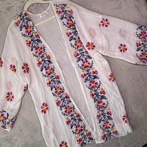 Anneliese Women Kimono Sz L White Floral Embroidered Open Front Boho Cardigan